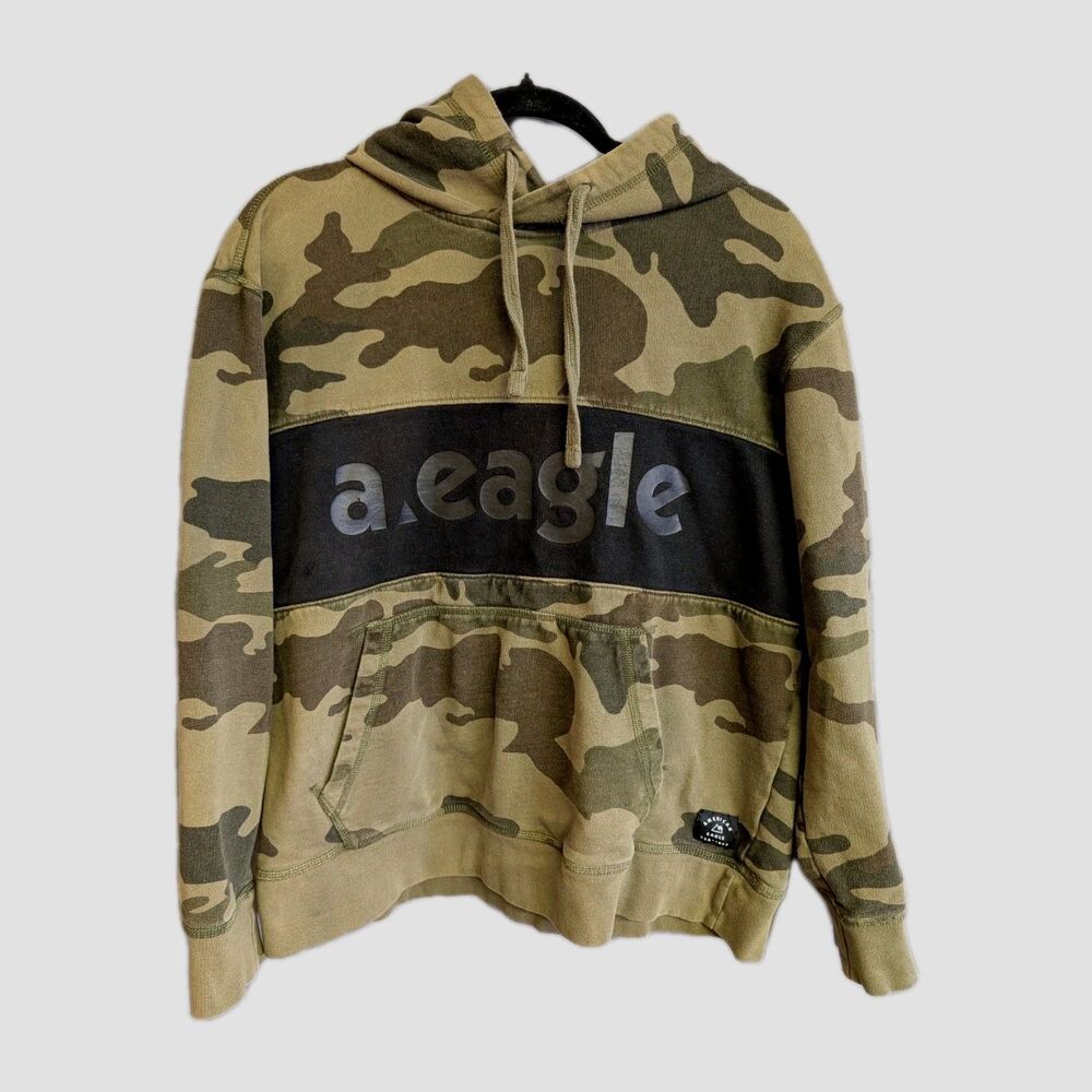 American Eagle Camo Hoodie Men’s Large Pullover Sweatshirt Green Camouflage Logo